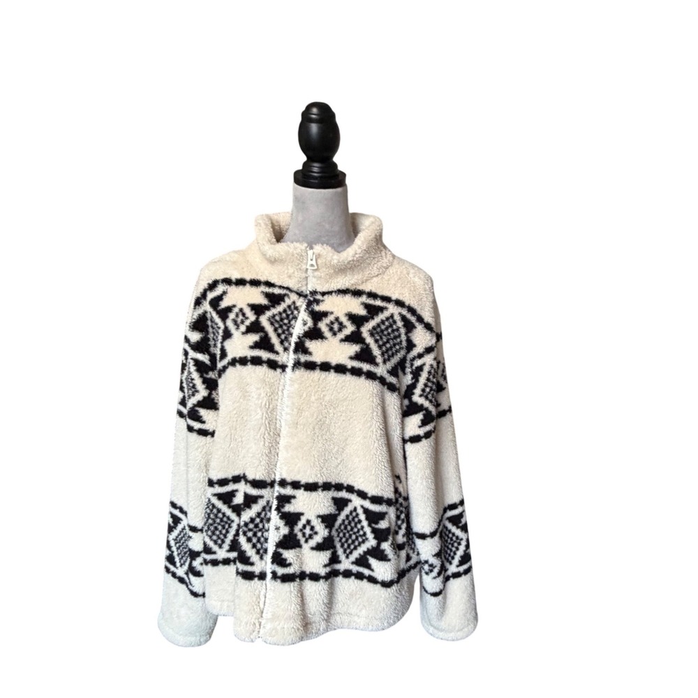 Lucky Brand Womens XL Fleece Full Zip Jacket Cream Black Southwestern Sherpa